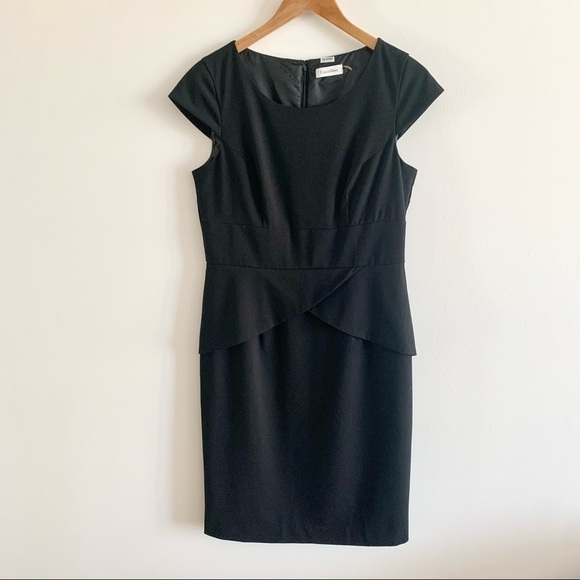 CALVIN KLEIN Simple Cap Sleeve Peplum Skirt Jewel Neck Black Midi Dress Stretch - Picture 2 of 15